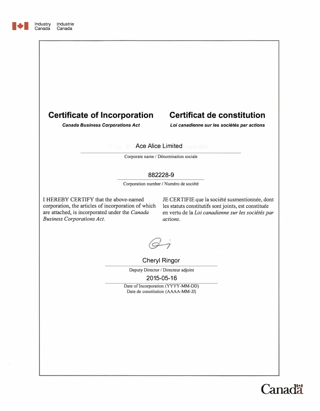 certificate of incorporation for ace alice limited