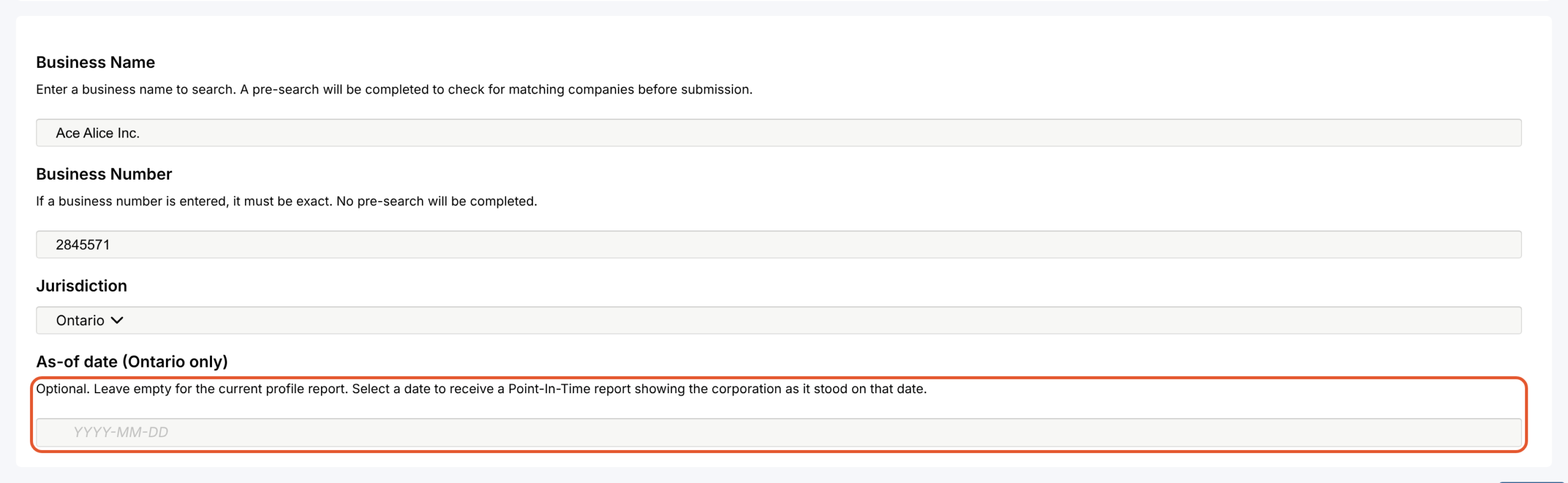 The Ontario Corporate Profile Report form with its new optional 