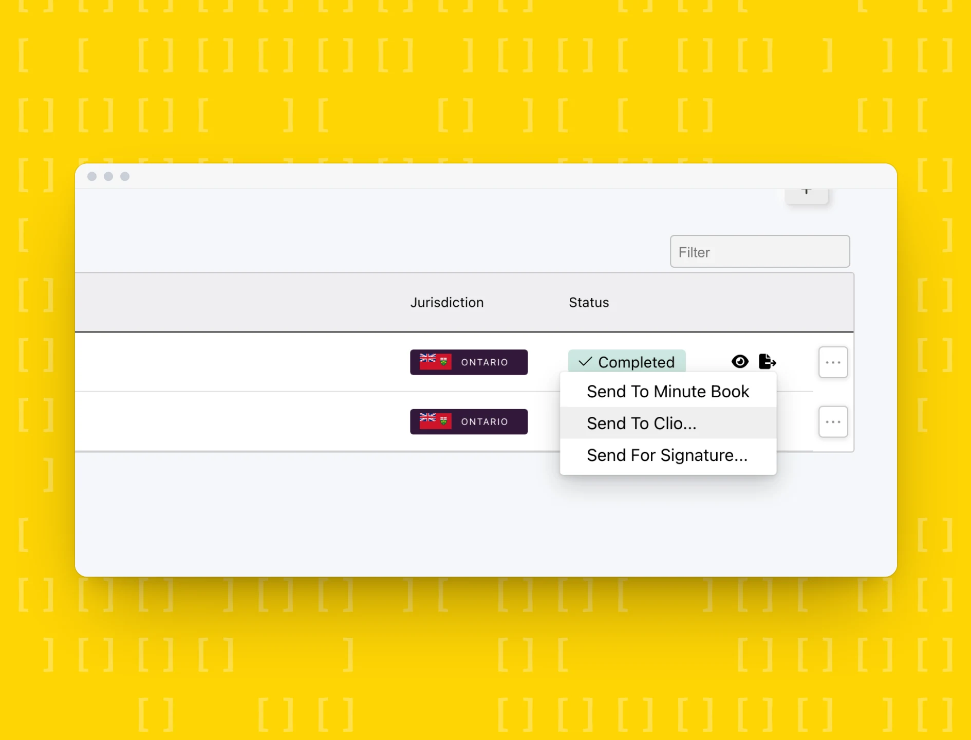 The action menu on a completed e-filing, with “Send to Clio…” highlighted.