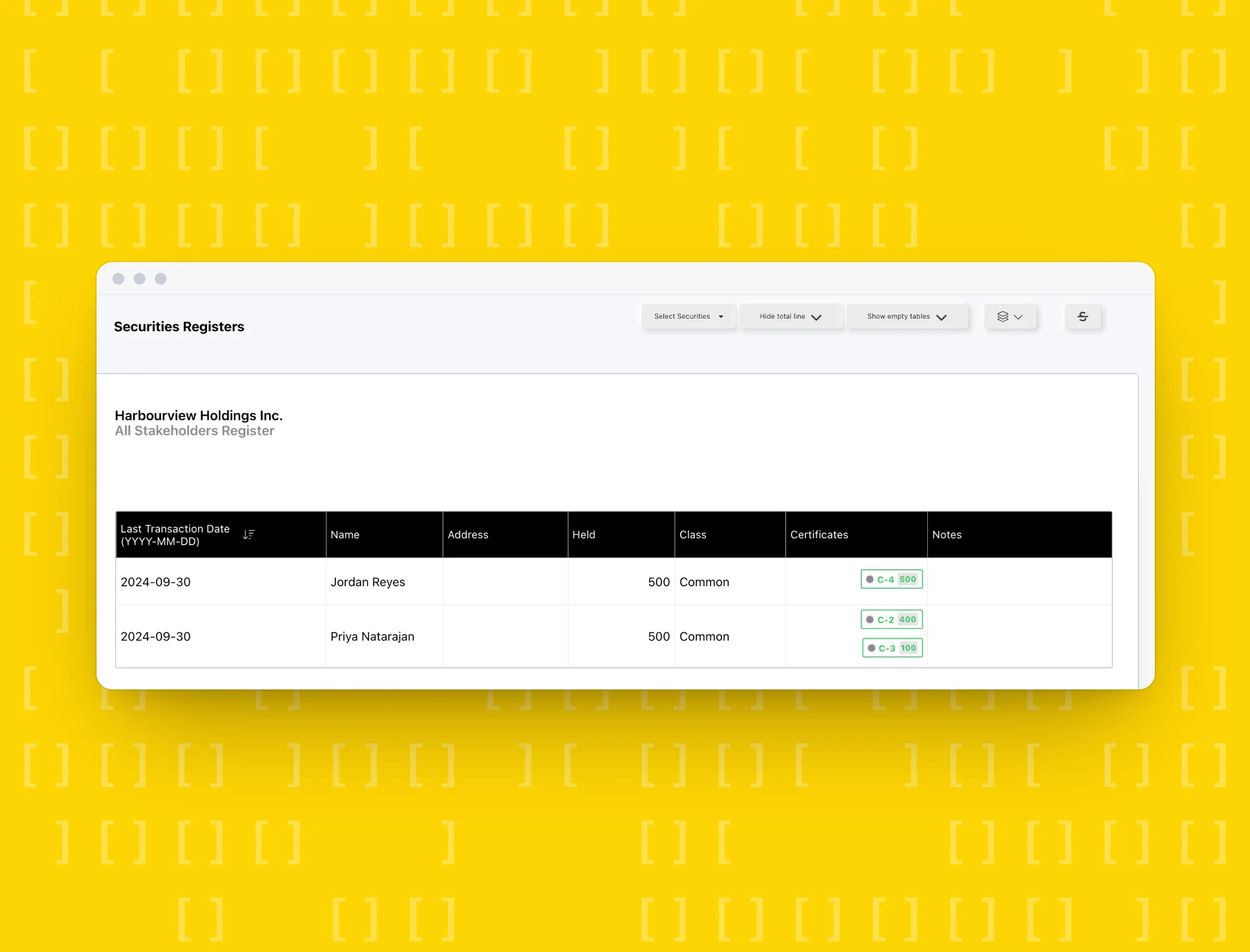 An entity’s securities registers showing shareholders, holdings and share certificates.