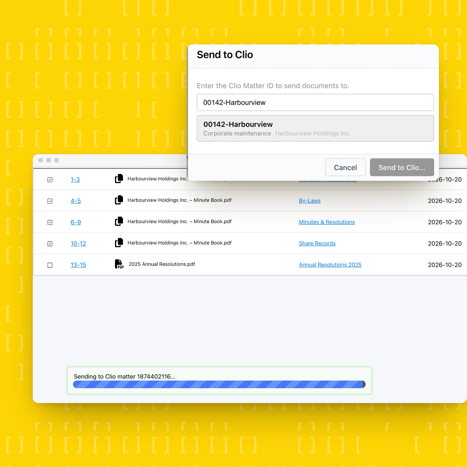 The Send to Clio matter picker pre-filled with the entity’s matter number, above minute book documents uploading to the Clio matter.