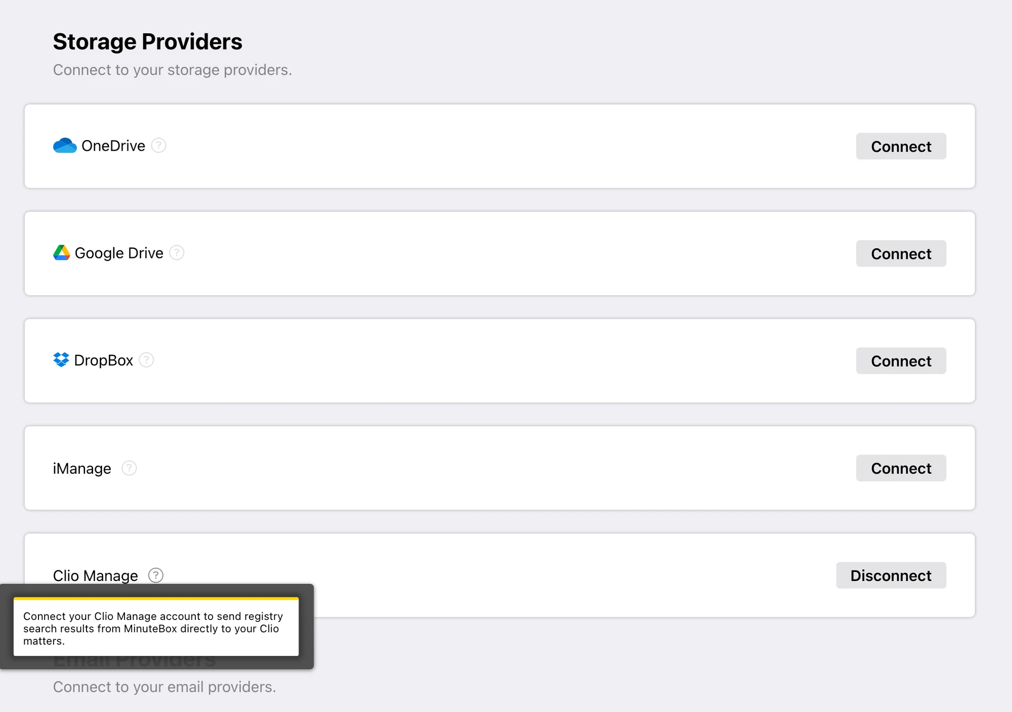 Clio Manage connected in MinuteBox Settings › Integrations, with the Disconnect button.