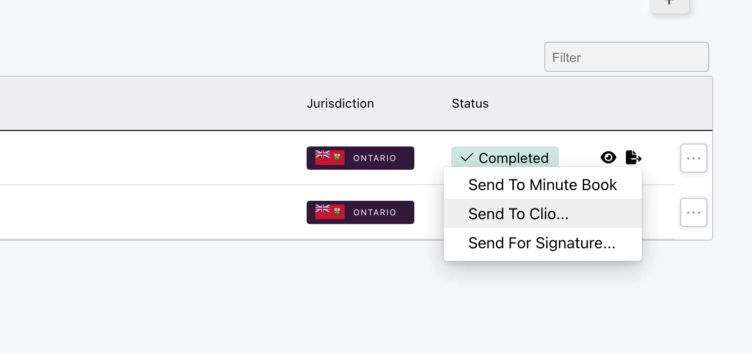 The action menu on a completed e-filing, with “Send to Clio…” highlighted.