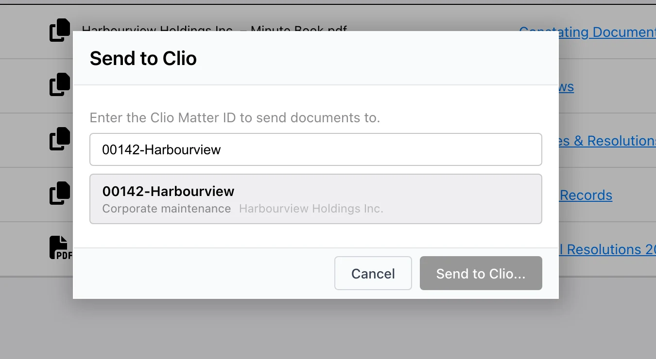 The Send to Clio matter picker, pre-filled with the entity’s matter number.