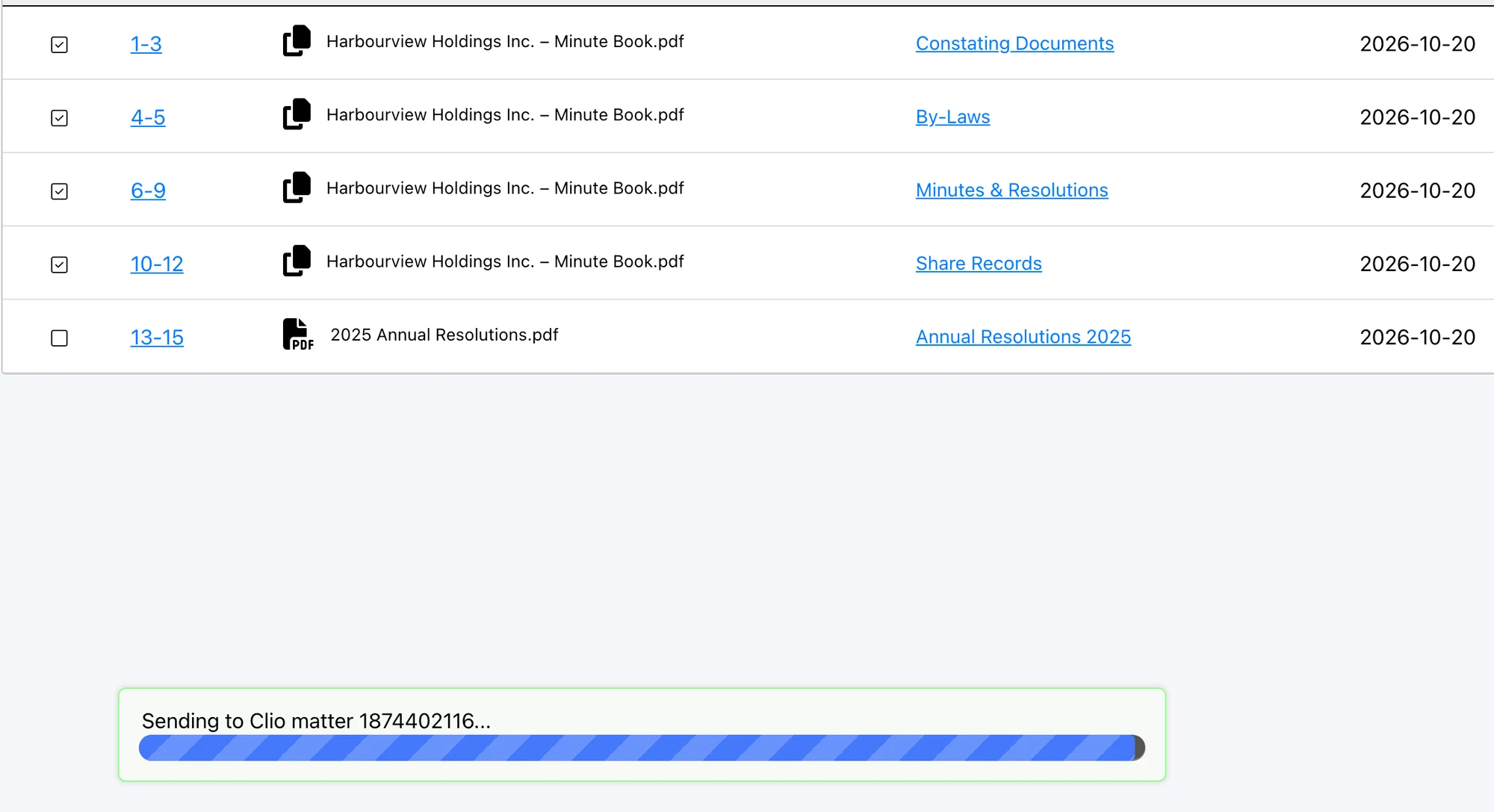 Minute book documents selected for export, with “Sending to Clio matter” upload progress.